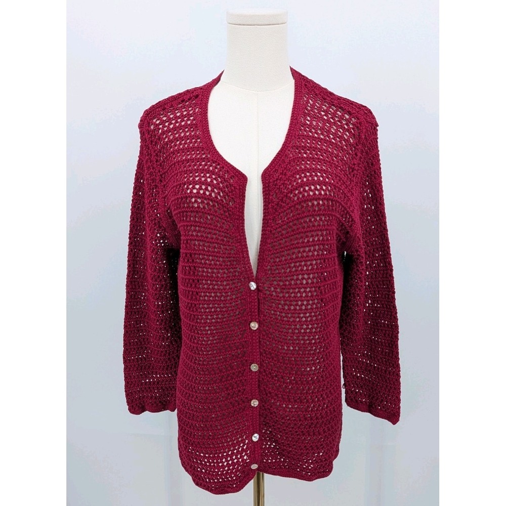 Vtg Eddie Bauer Red Crochet Open Knit Cardigan Size XL Cotton Cottagecore
